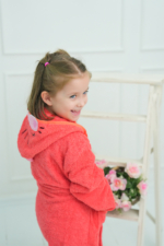 Kids Hooded Bathrobe with Cat Design - Pomegranate Pink Turkish Cotton Boys & Girls Bath Robe - Image 3