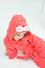 Kids Hooded Bathrobe with Cat Design - Pomegranate Pink Turkish Cotton Boys & Girls Bath Robe - Image 4