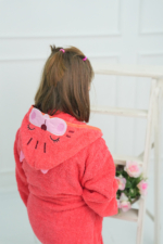 Kids Hooded Bathrobe with Cat Design - Pomegranate Pink Turkish Cotton Boys & Girls Bath Robe - Image 5