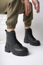 Women's Black Combat Boots - Faux Leather Lace-Up Side Zip Water-Resistant Ankle Boots - Image 2