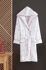 Love Series Heart-Embroidered Hooded Bathrobe - Red 100% Turkish Cotton Women's Short Robe - Image 3