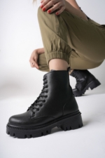 Women's Black Combat Boots - Faux Leather Lace-Up Side Zip Water-Resistant Ankle Boots - Image 3