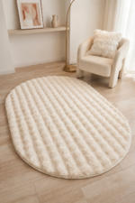 Oval Cream Plush Rug - Washable Non-Slip Soft Living Room & Bedroom Carpet
