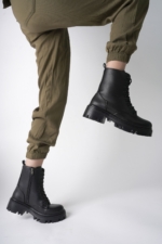 Women's Black Combat Boots - Faux Leather Lace-Up Side Zip Water-Resistant Ankle Boots - Image 4
