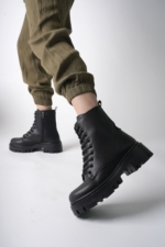 Women's Black Combat Boots - Faux Leather Lace-Up Side Zip Water-Resistant Ankle Boots - Image 5