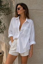 Women's White Oversize Cotton Shirt - Relaxed Linen-Look Long Sleeve Blouse