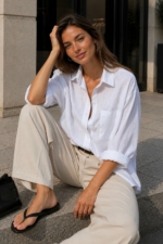 Women's White Oversize Cotton Shirt - Relaxed Linen-Look Long Sleeve Blouse - Image 4