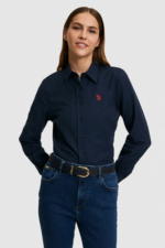 U.S. Polo Assn. Women's Navy Long Sleeve Shirt - Stand Collar Cotton-Blend Basic Blouse