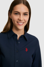 U.S. Polo Assn. Women's Navy Long Sleeve Shirt - Stand Collar Cotton-Blend Basic Blouse - Image 2