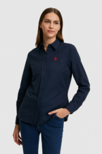 U.S. Polo Assn. Women's Navy Long Sleeve Shirt - Stand Collar Cotton-Blend Basic Blouse - Image 3