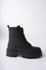 Women's Black Combat Boots - Faux Leather Lace-Up Side Zip Water-Resistant Ankle Boots - Image 6