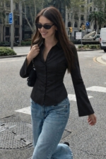 Women's Black Fitted Poplin Shirt - Long Sleeve Stretch Cotton Body-Skimming Blouse - Image 2