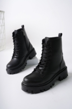 Women's Black Combat Boots - Faux Leather Lace-Up Side Zip Water-Resistant Ankle Boots - Image 7