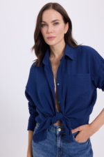 Women's Navy Muslin Oversize Shirt - 100% Cotton Textured Long Sleeve Pocket Blouse