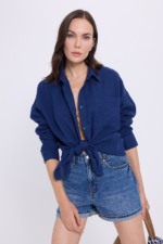 Women's Navy Muslin Oversize Shirt - 100% Cotton Textured Long Sleeve Pocket Blouse - Image 2