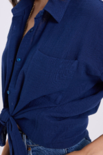 Women's Navy Muslin Oversize Shirt - 100% Cotton Textured Long Sleeve Pocket Blouse - Image 4