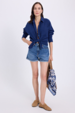 Women's Navy Muslin Oversize Shirt - 100% Cotton Textured Long Sleeve Pocket Blouse - Image 5
