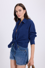 Women's Navy Muslin Oversize Shirt - 100% Cotton Textured Long Sleeve Pocket Blouse - Image 6