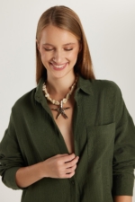 Women's Khaki Muslin Oversize Shirt - 100% Cotton Textured Long Sleeve Pocket Blouse