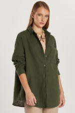 Women's Khaki Muslin Oversize Shirt - 100% Cotton Textured Long Sleeve Pocket Blouse - Image 2