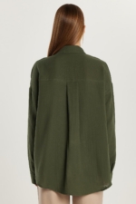Women's Khaki Muslin Oversize Shirt - 100% Cotton Textured Long Sleeve Pocket Blouse - Image 5