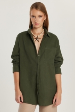 Women's Khaki Muslin Oversize Shirt - 100% Cotton Textured Long Sleeve Pocket Blouse - Image 6