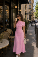 Women's Pink Polka Dot Boat-Neck Draped Top - Short Sleeve Cotton-Blend Tunic Blouse