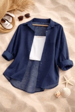 Women's Navy Linen-Look Oversize Summer Shirt - Relaxed Button-Collar Blouse
