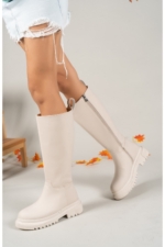 Riccon Women's Beige Tall Boots - Matte Faux Leather Slip-On Knee-High Boots with Orthopedic Sole