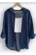 Women's Navy Linen-Look Oversize Summer Shirt - Relaxed Button-Collar Blouse - Image 2
