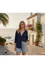 Women's Navy Linen-Look Oversize Summer Shirt - Relaxed Button-Collar Blouse - Image 3