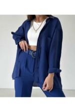 Women's Navy Linen-Look Oversize Summer Shirt - Relaxed Button-Collar Blouse - Image 4