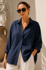 Women's Navy Oversize Cotton Shirt - Relaxed Linen-Look Long Sleeve Blouse