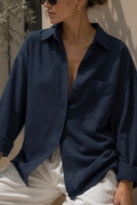 Women's Navy Oversize Cotton Shirt - Relaxed Linen-Look Long Sleeve Blouse - Image 2