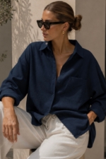 Women's Navy Oversize Cotton Shirt - Relaxed Linen-Look Long Sleeve Blouse - Image 3