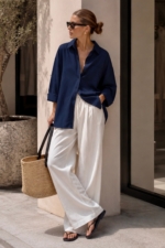 Women's Navy Oversize Cotton Shirt - Relaxed Linen-Look Long Sleeve Blouse - Image 4