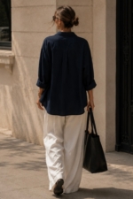 Women's Navy Oversize Cotton Shirt - Relaxed Linen-Look Long Sleeve Blouse - Image 5