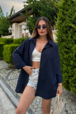 Women's Navy Oversize Cotton Shirt - Relaxed Linen-Look Long Sleeve Blouse - Image 6