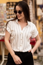 Women's Smoke Grey Striped Short Sleeve Shirt - Linen-Look Viscose Blend Summer Blouse - Image 3