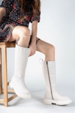 Riccon Women's Beige Tall Boots - Glossy Faux Leather Slip-On Knee-High Boots with Orthopedic Sole - Image 2