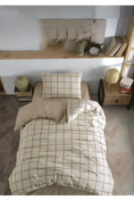 Single Duvet Cover Set in Brown Check - Reversible Cotton-Blend Bedding with Fitted Sheet