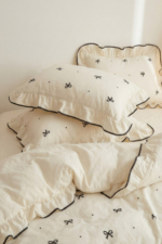 Double Ruffle Duvet Cover Set in Cream - 100% Turkish Cotton Bedding with Bow Detail