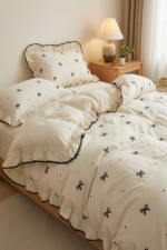 Double Ruffle Duvet Cover Set in Cream - 100% Turkish Cotton Bedding with Bow Detail - Image 2