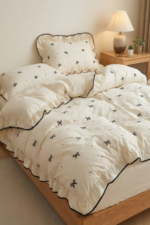 Double Ruffle Duvet Cover Set in Cream - 100% Turkish Cotton Bedding with Bow Detail - Image 3