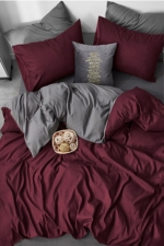 Double Duvet Cover Set in Burgundy & Grey - Reversible Cotton-Rich 4-Piece Bedding