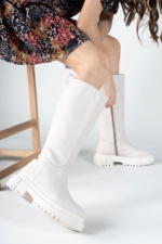 Riccon Women's Beige Tall Boots - Glossy Faux Leather Slip-On Knee-High Boots with Orthopedic Sole - Image 3