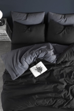 Double Duvet Cover Set in Anthracite & Black - Reversible Cotton-Rich 4-Piece Bedding with Fitted Sheet