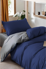 Single Duvet Cover Set in Navy & Grey - Reversible Cotton-Blend 3-Piece Bedding with Fitted Sheet