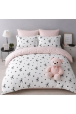 Single Duvet Cover Set in White with Heart Print - 100% Turkish Cotton 3-Piece Bedding with Fitted Sheet