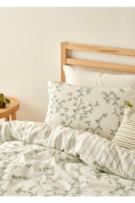 Lauren Double Duvet Cover Set in Green - Striped Cotton-Blend 3-Piece Bedding - Image 3